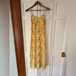 Reformation Floral Print Midi Dress in Yellow with Blue Flowers. Size 4